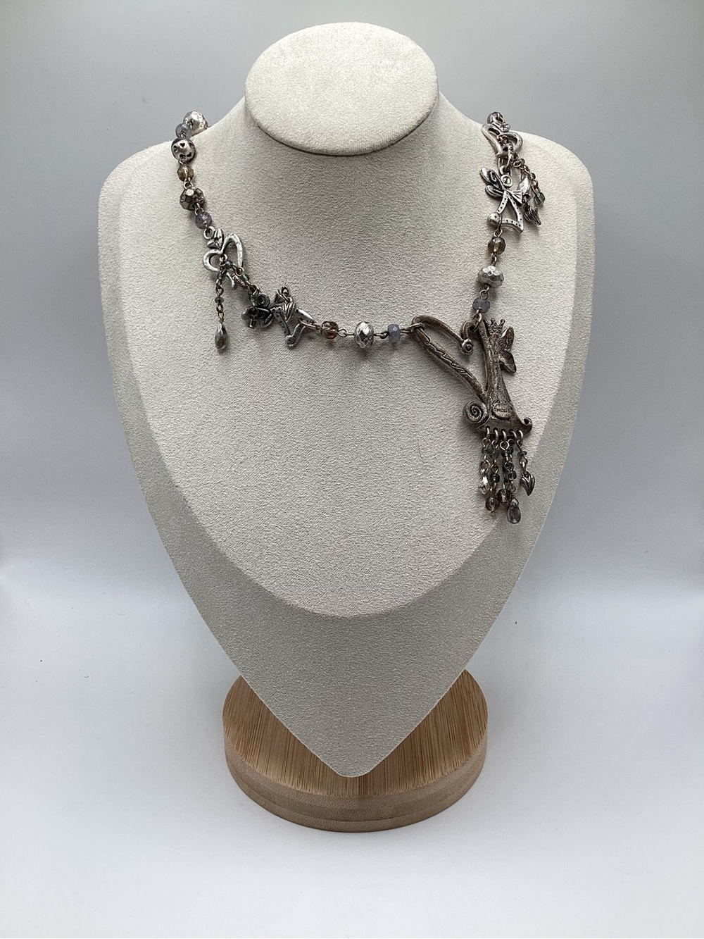 Artisan Silver Tone Harp Charm Necklace | Whimsical Artisan Jewelry - Picture 1 of 2